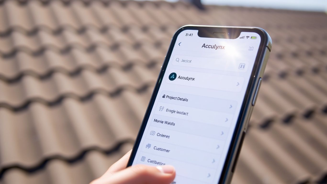 AccuLynx app on a smartphone at a roofing site.
