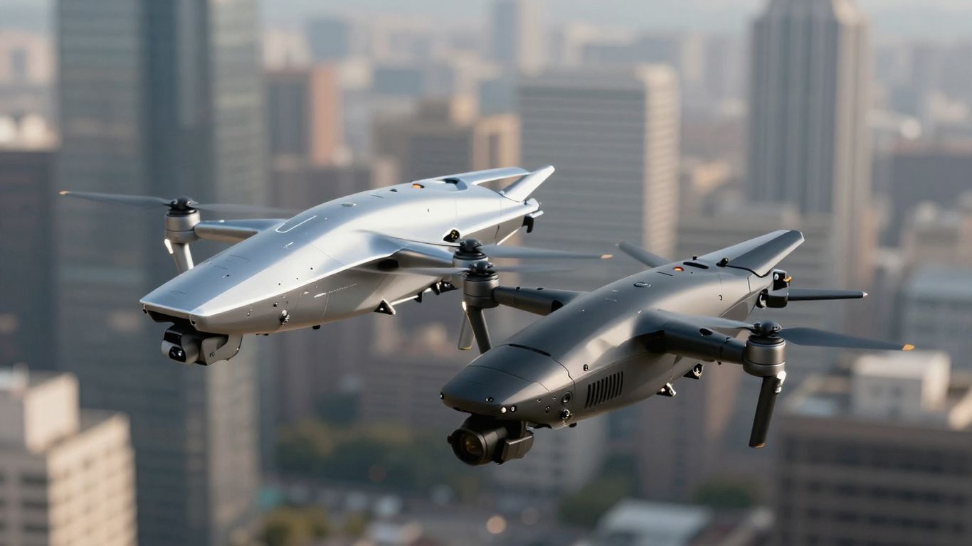 Two drones in mid-air, one black, one silver.