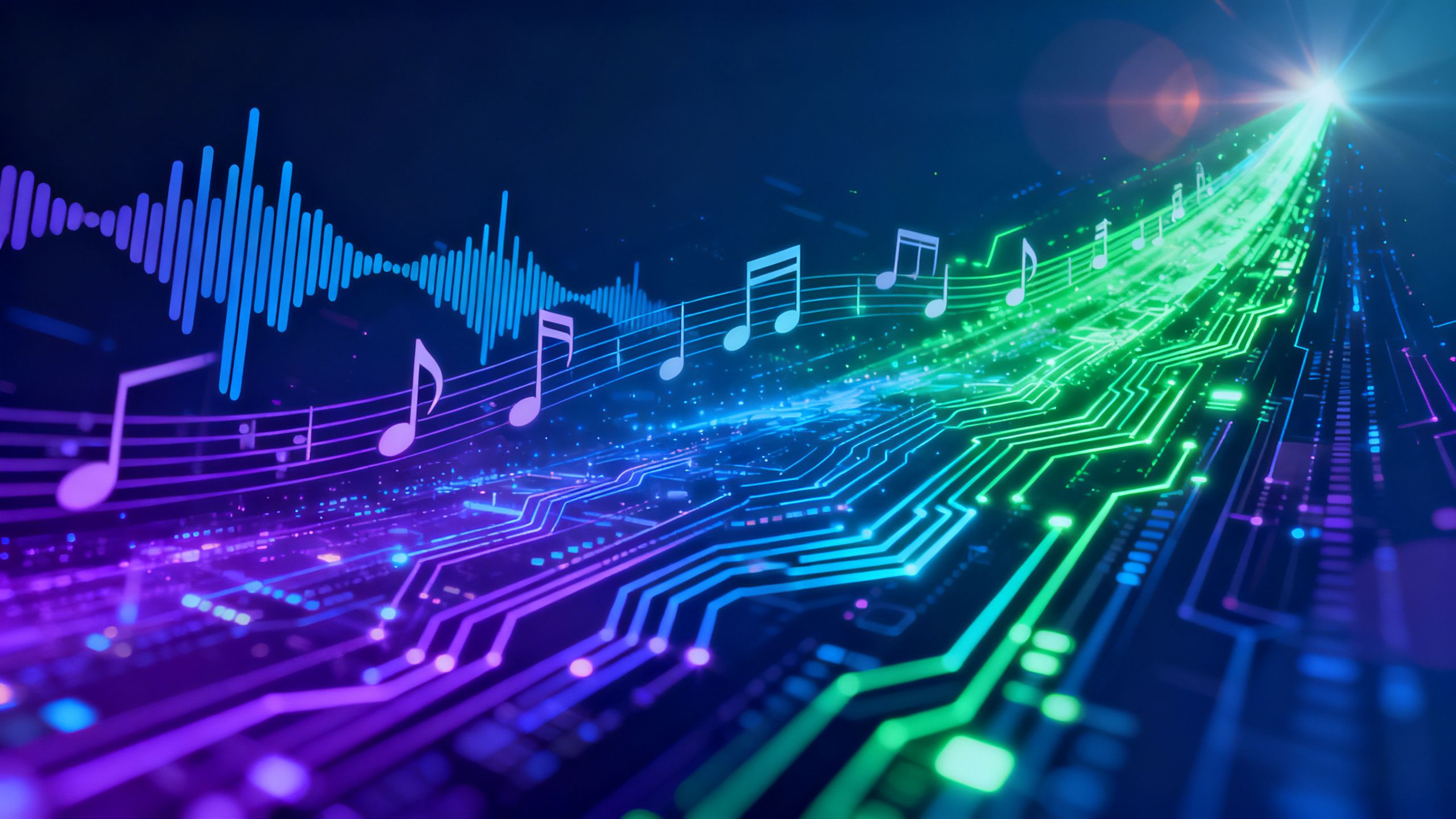 Abstract visualization of AI music creation, sound waves, and digital circuits.