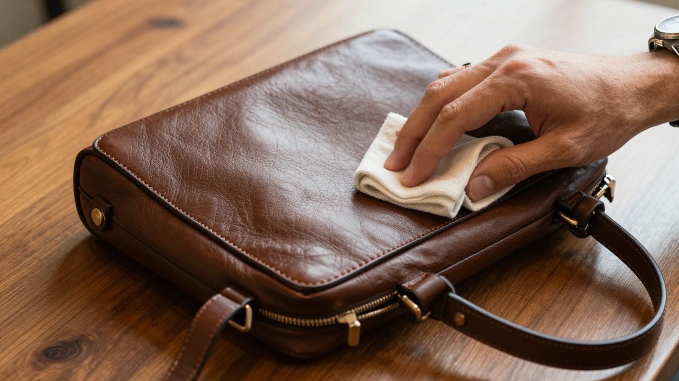 Man cleaning a brown leather crossbody bag.
