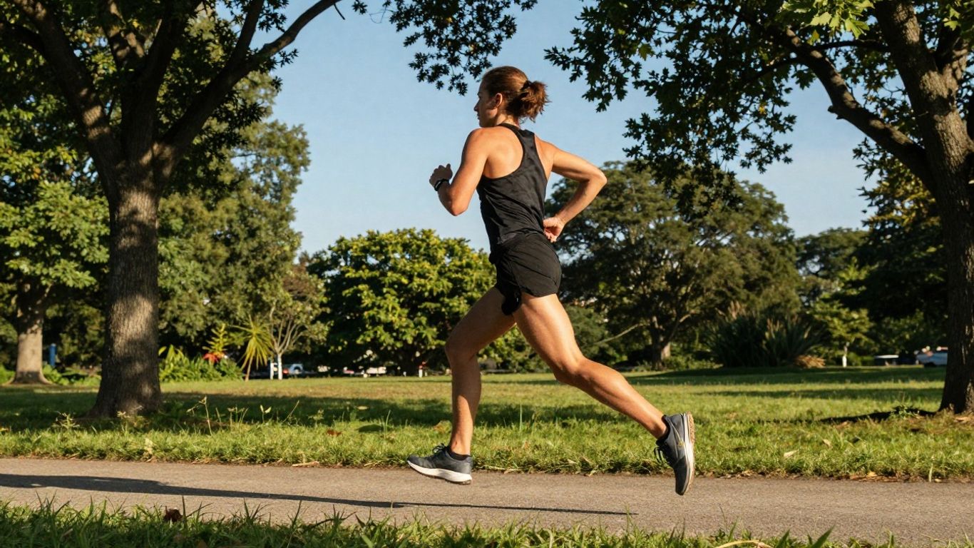 Runner performing at peak physical condition on a trail.