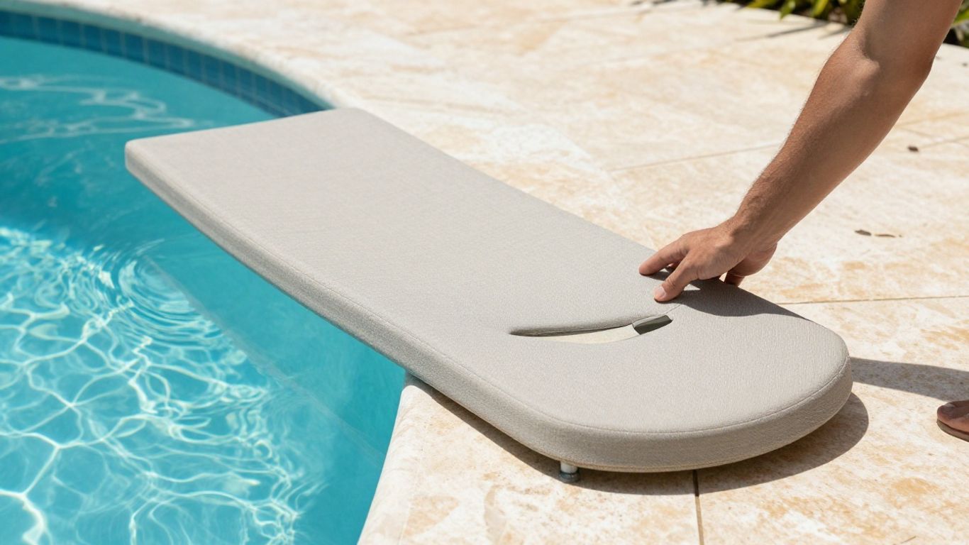 Adult checking a pool lounger beside clear water