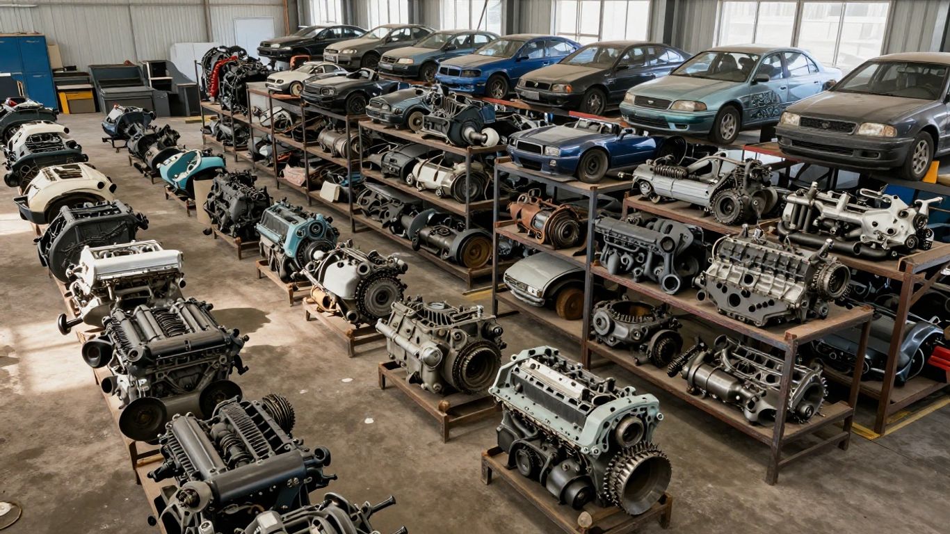 A organized wrecking yard area for automotive dismantling