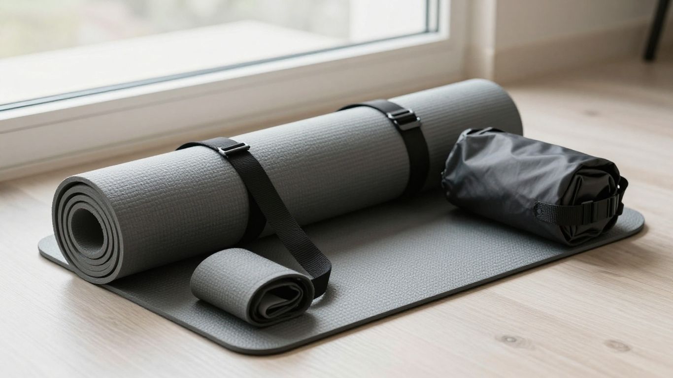 Rolled yoga mats beside a travel bag