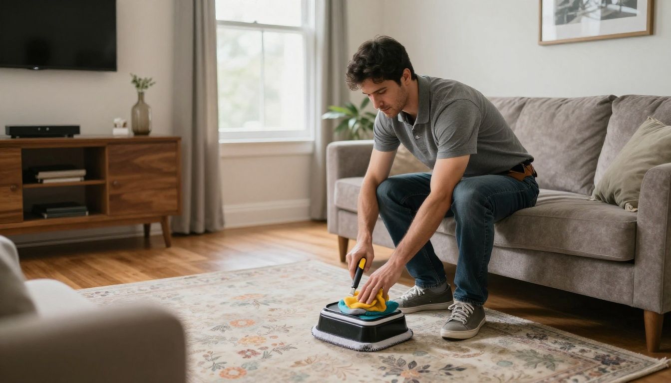 Professional cleaning technician dusting a well-lit living room in a suburban home