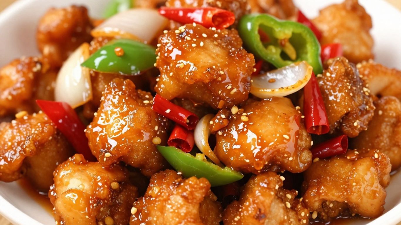Spicy chilli chicken dish with peppers and onions.