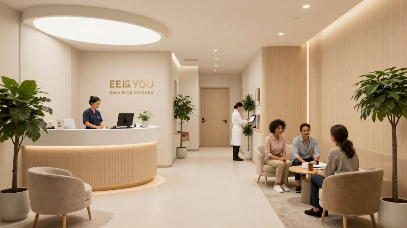 Welcoming reception area in a modern aesthetic clinic