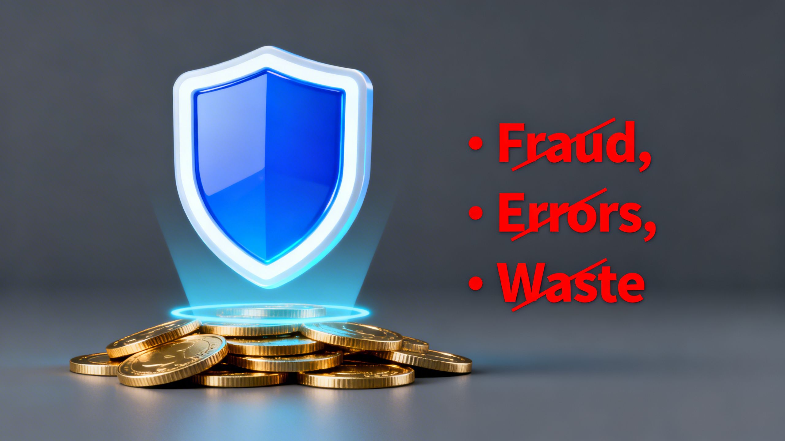 A digital shield icon protecting a pile of coins from digital threats labeled 'Fraud,' 'Errors,' and 'Waste,' symbolizing how anomaly detection protects profits.