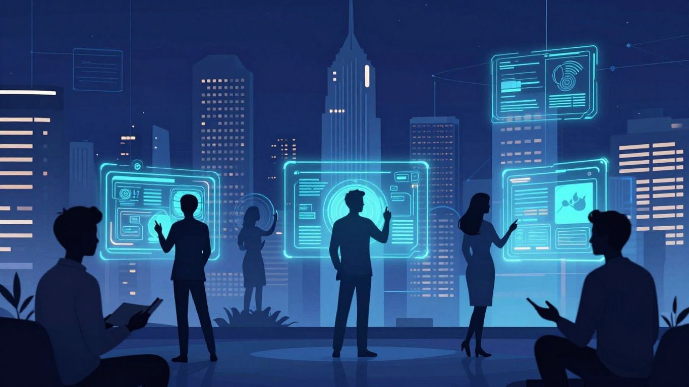 Futuristic cityscape with people interacting with holograms.