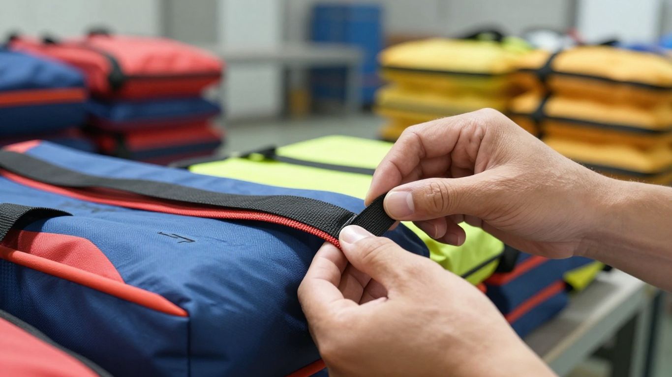 Hands inspecting a sport bag in a factory