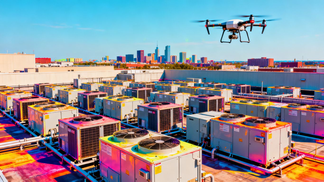 Drone viewing commercial HVAC rooftop units