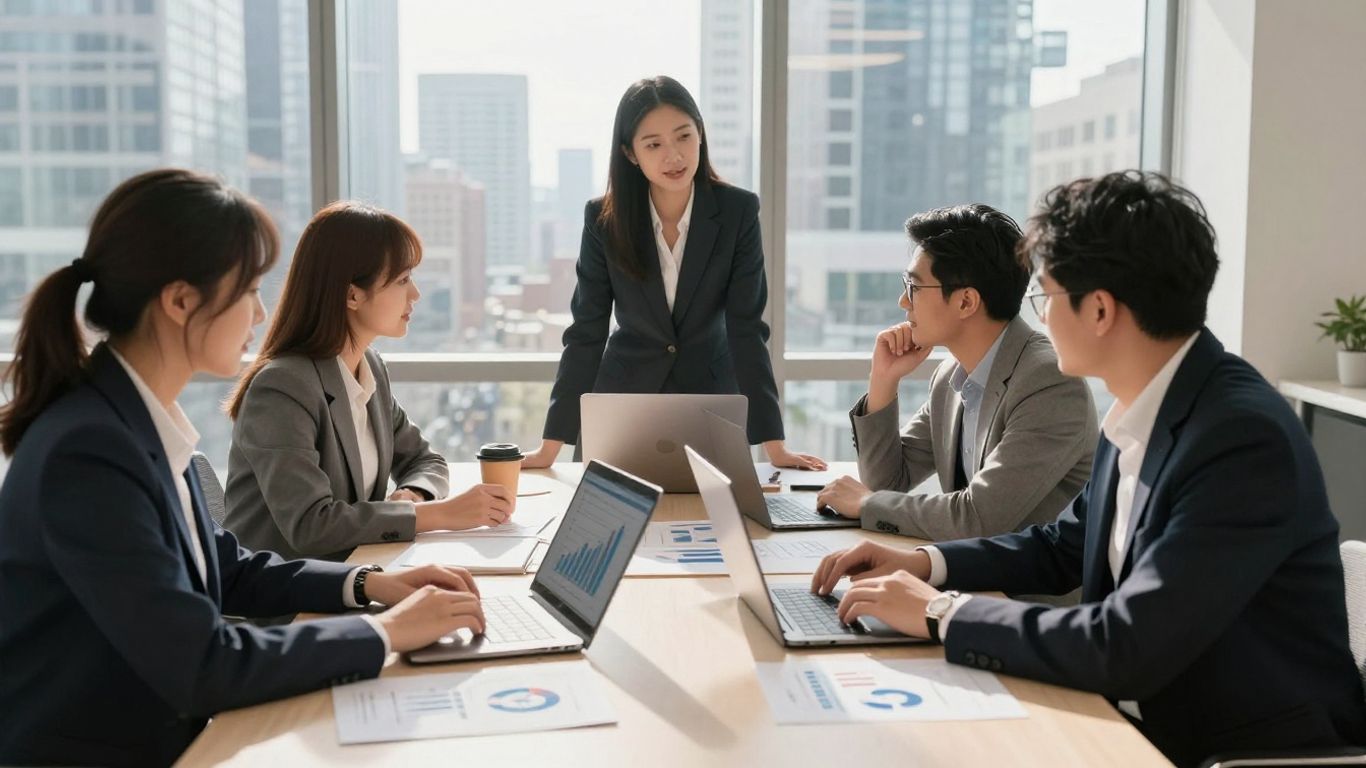 Toronto business team working in modern office with city view.