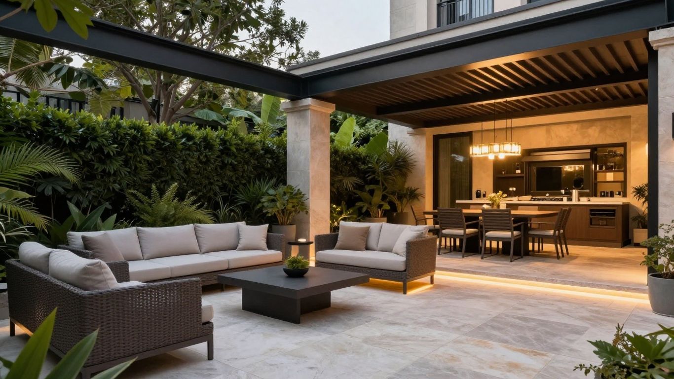 A refined patio covered outdoor kitchen space