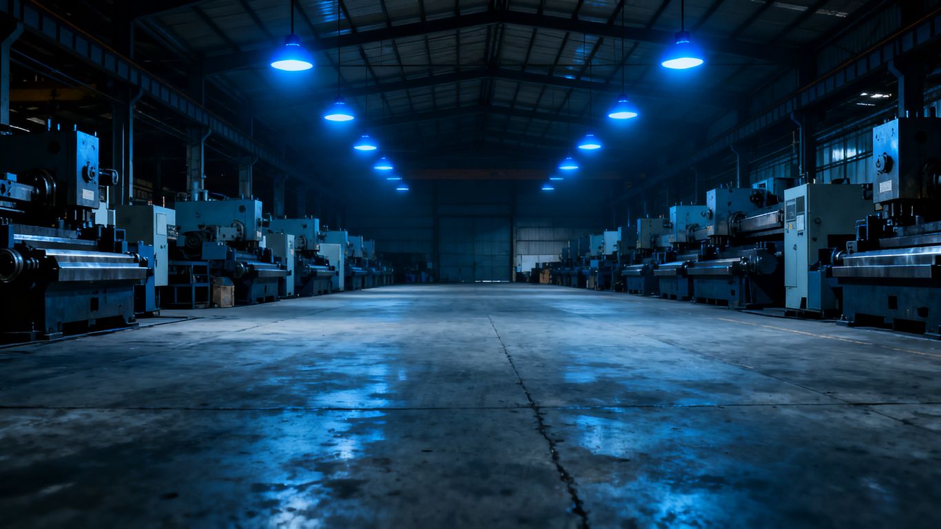 Heavy machinery in a humid industrial warehouse