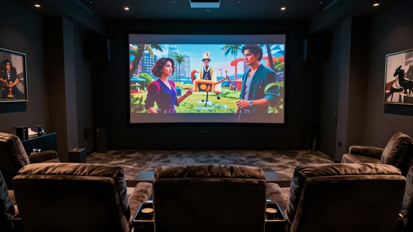 Home theater with projector screen and plush seating.