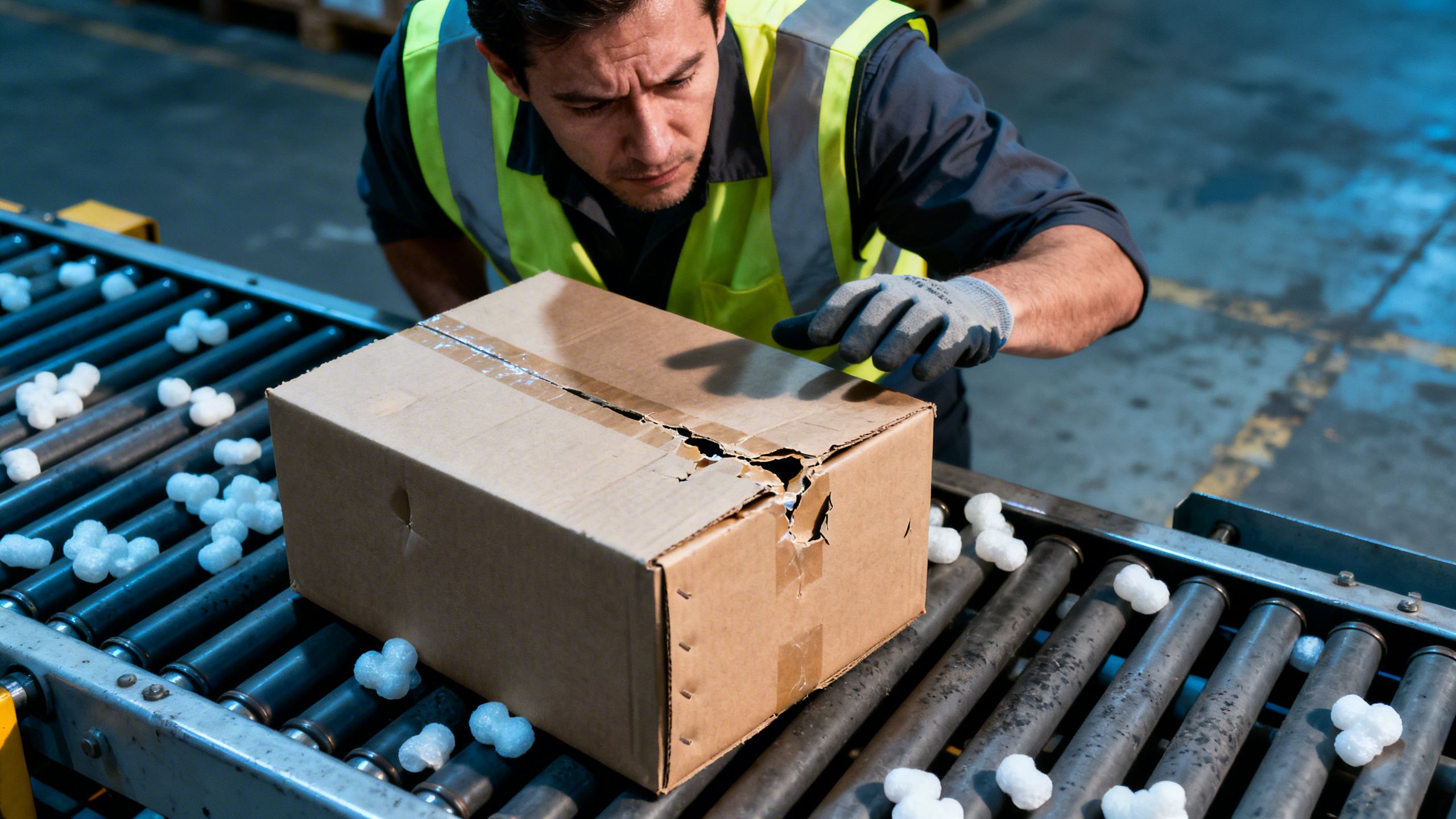 A warehouse worker looking stressed while inspecting a slightly crushed box, illustrating the need for visual defect detection.