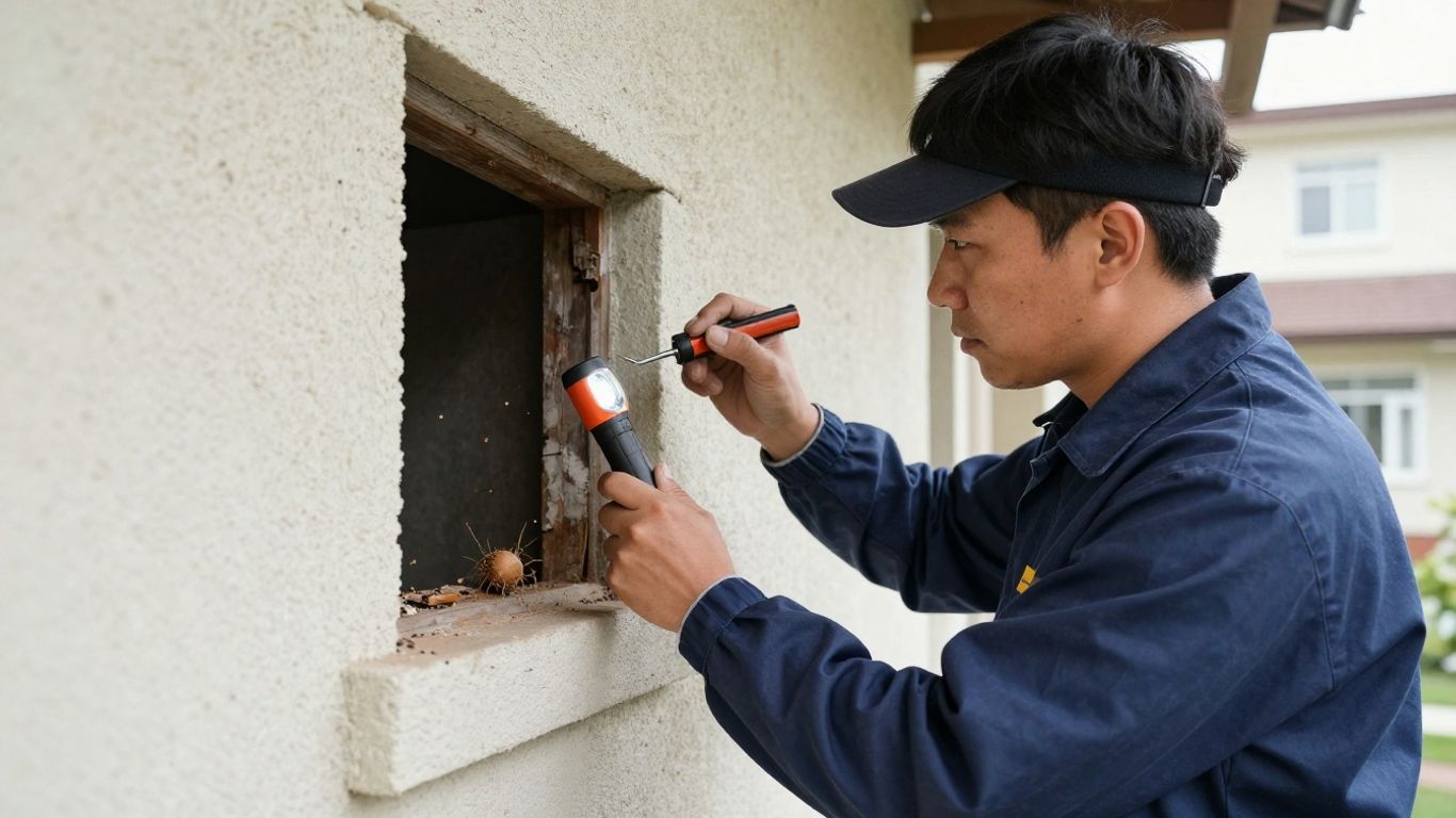 Professionnel inspectant une maison pour des nuisibles.
