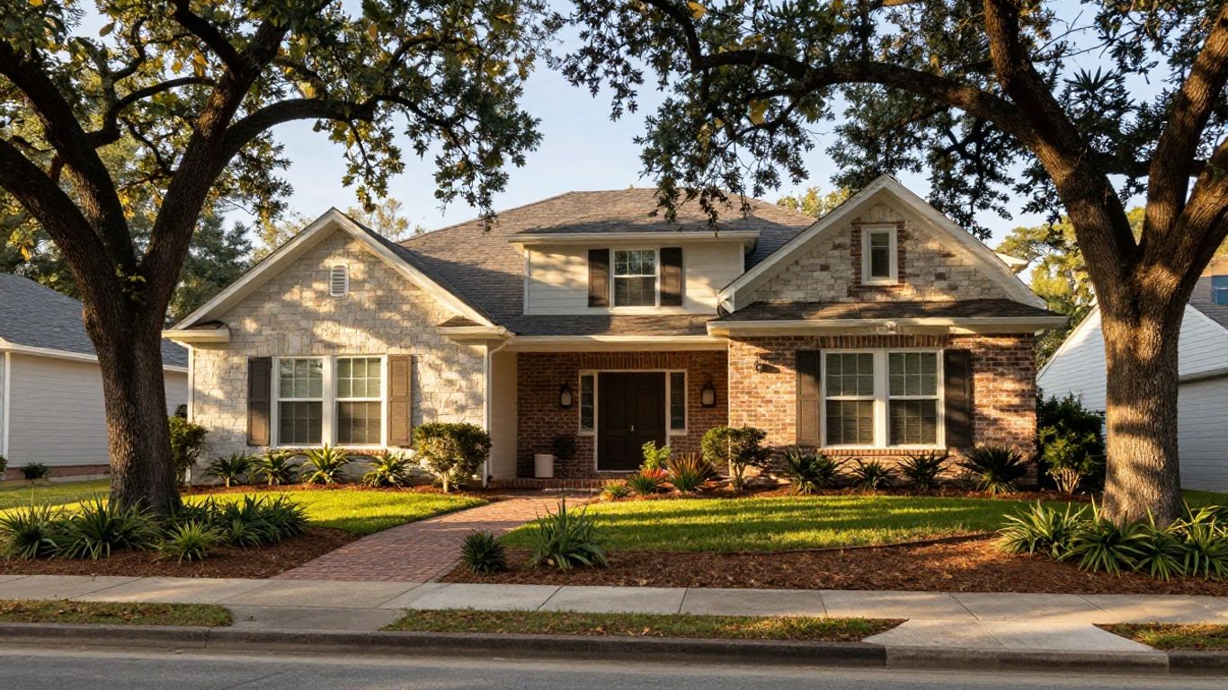 Houston home exterior with mature landscaping