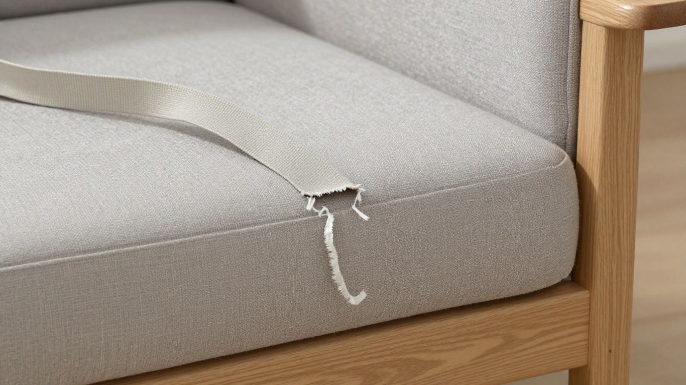 Snapped furniture webbing hanging from a sofa frame.