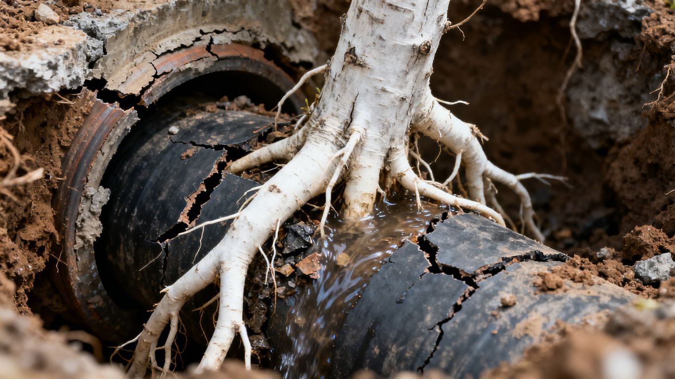 Tree roots breaking through a cracked sewer pipe underground.