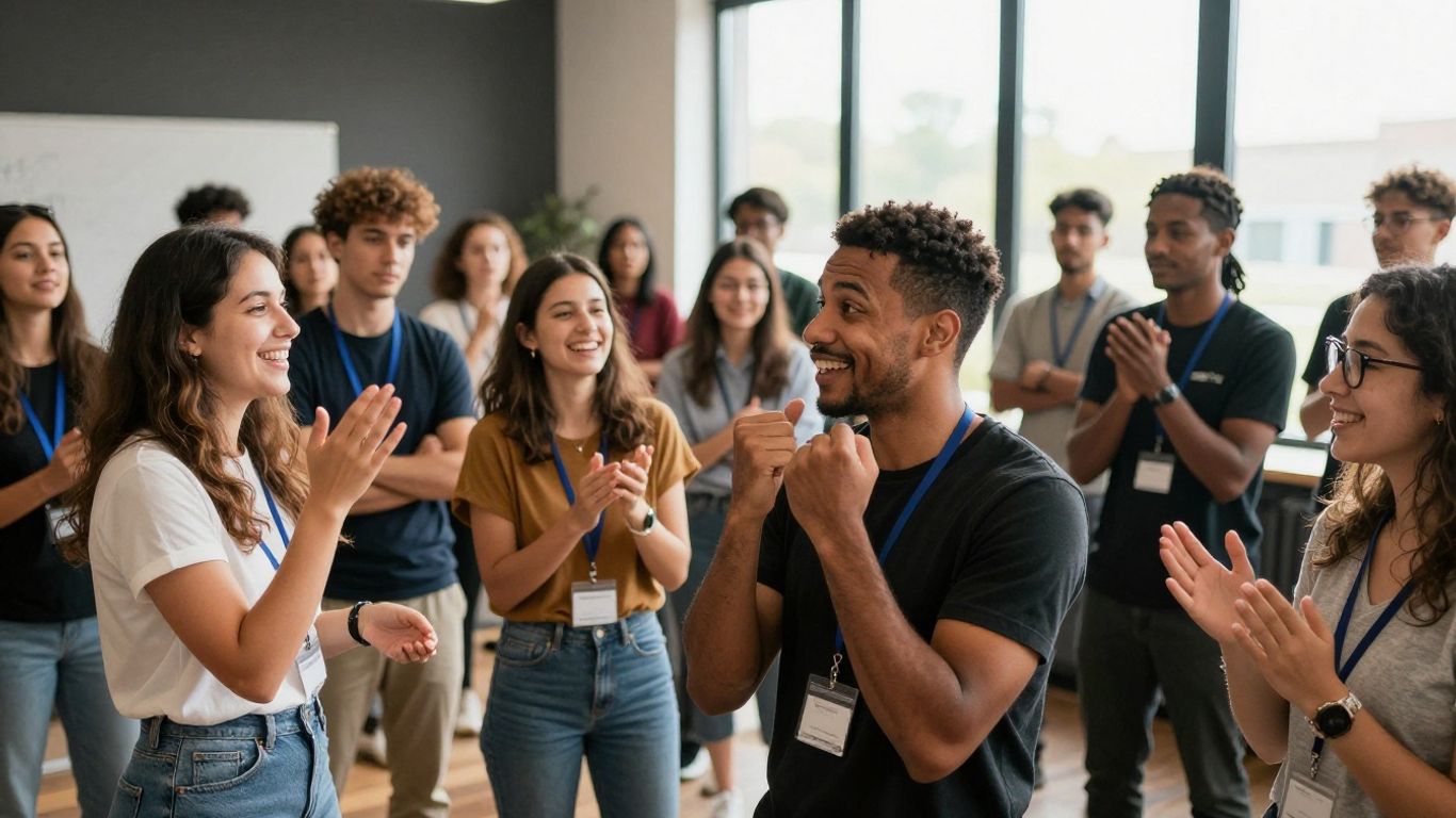 Personas sonriendo y interactuando en un evento.