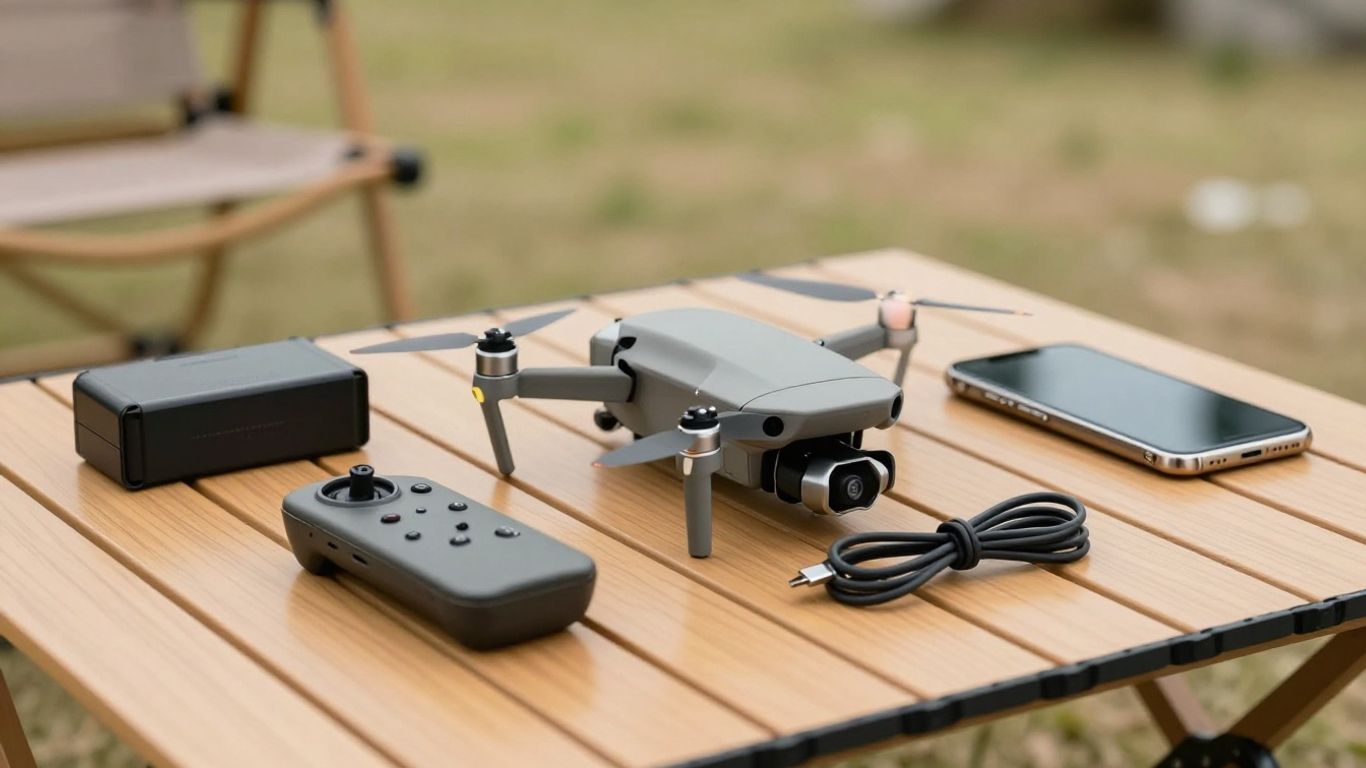 Drone controller and phone beside folded aircraft