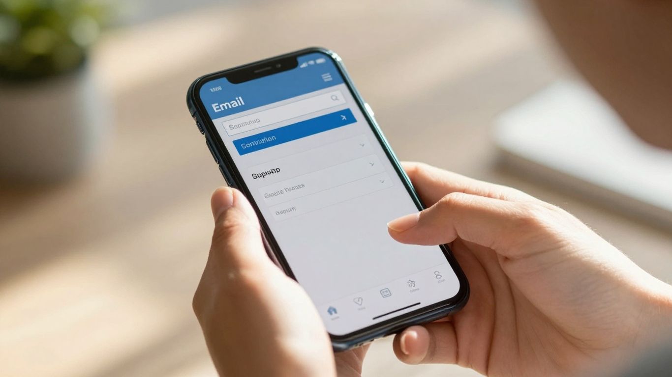 Hands holding phone with email signup form.