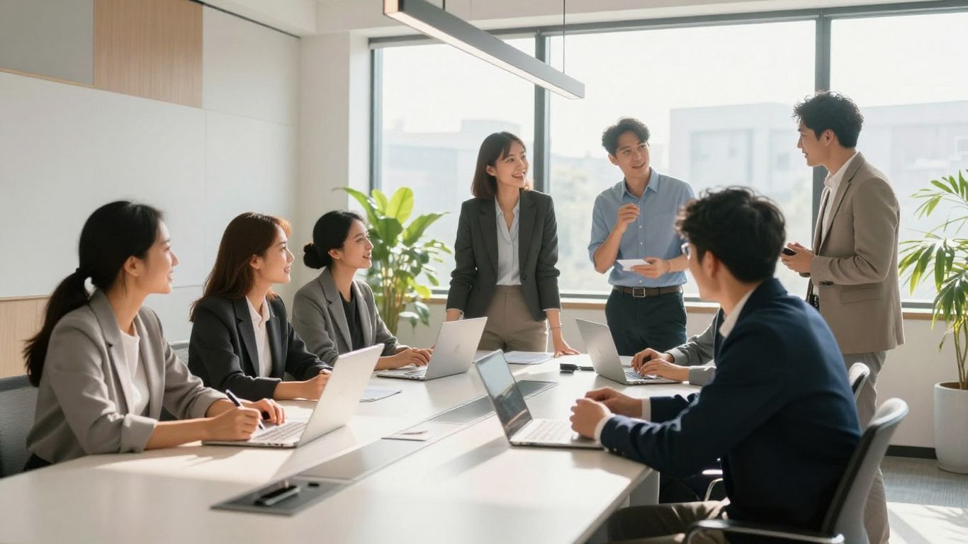 Marketing team collaborating in a modern office.