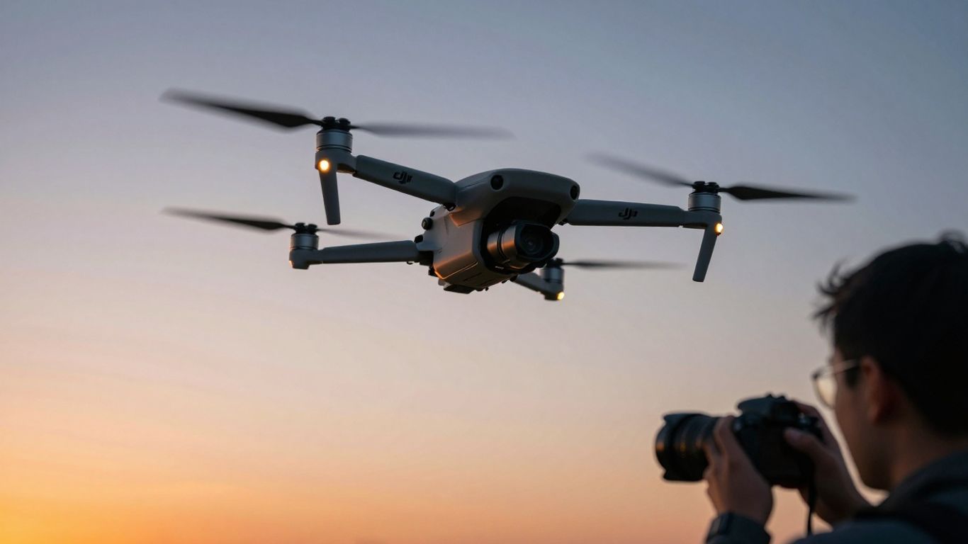DJI drone flying over landscape at sunset