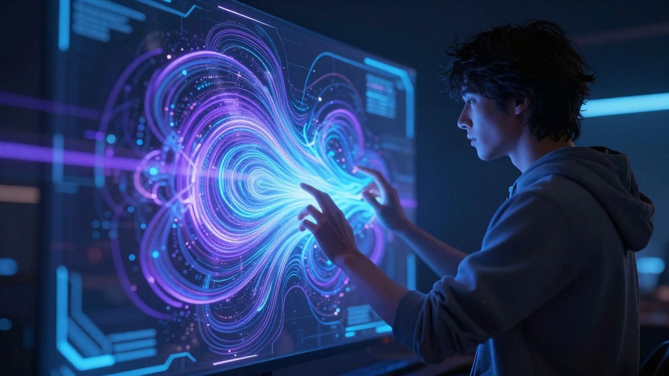 Musician interacting with futuristic AI music promotion interface.