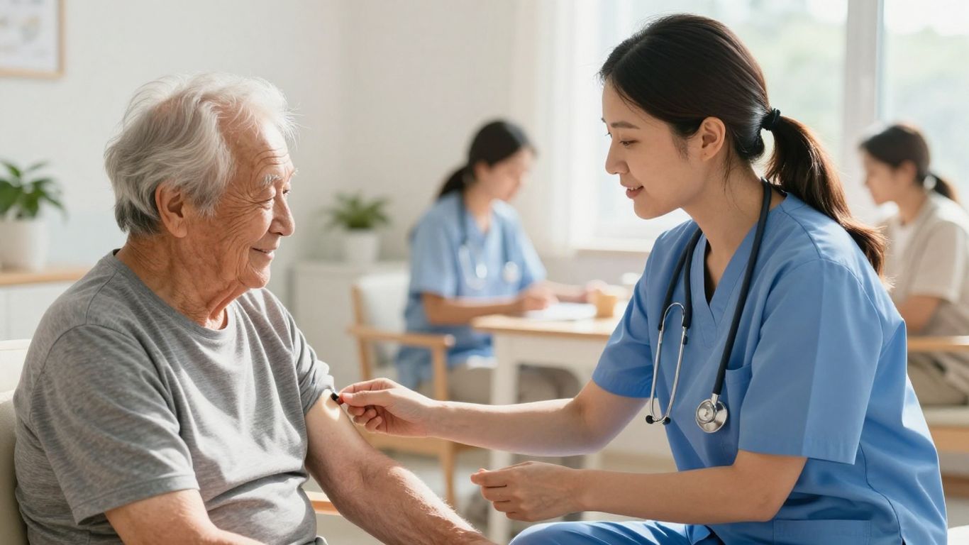 Medication technician giving pills to a senior citizen.