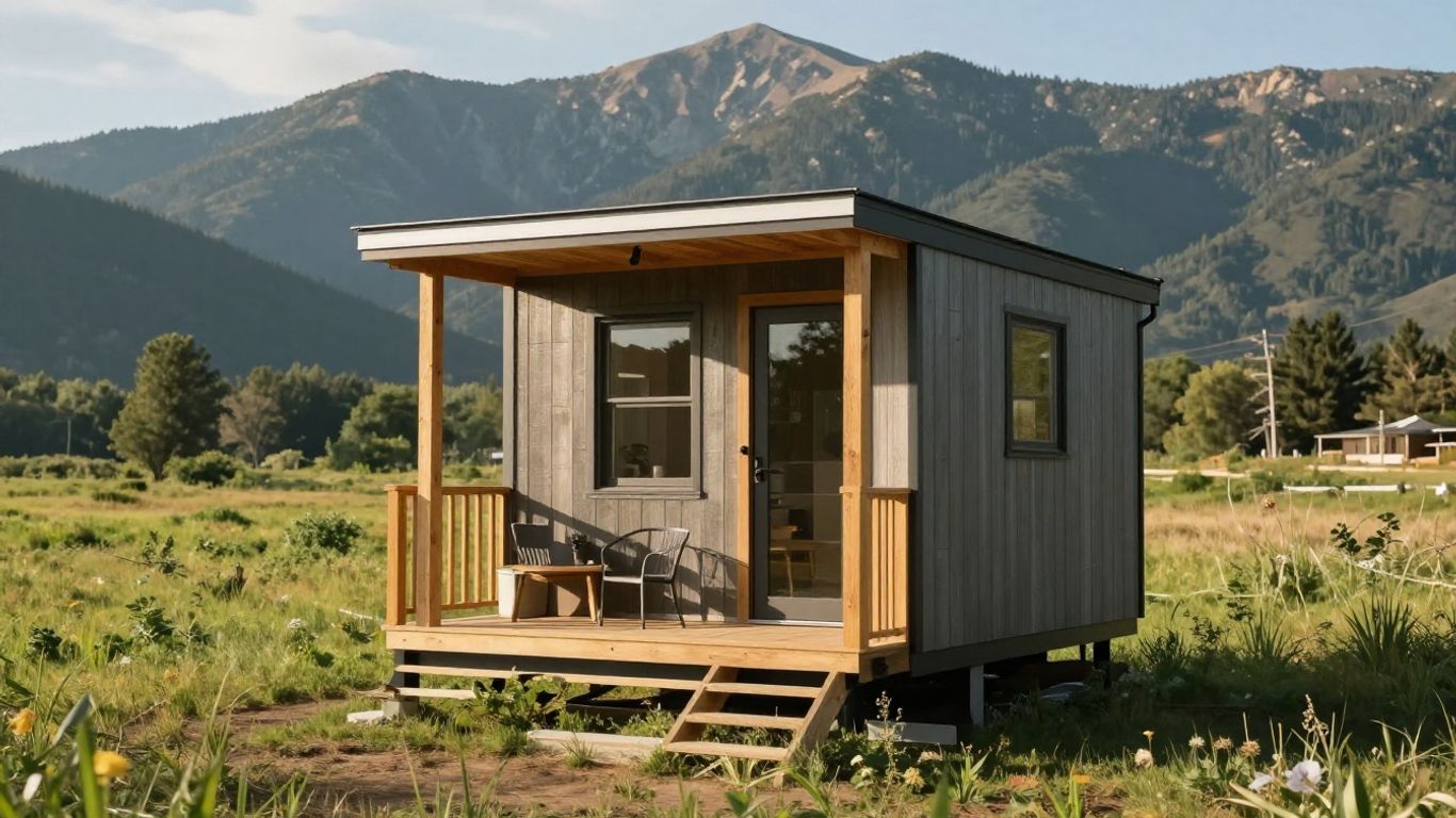 Colorado tiny house with mountain backdrop.