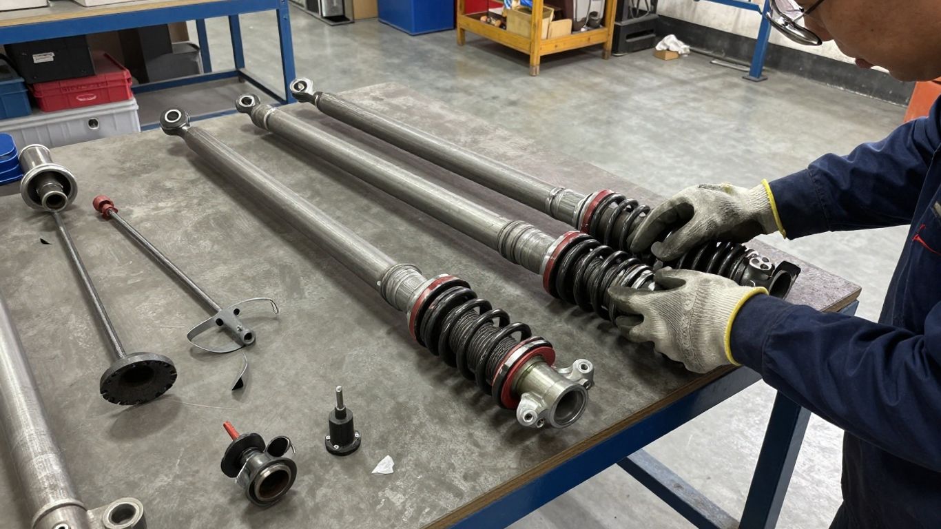 Used suspension components organized for inspection