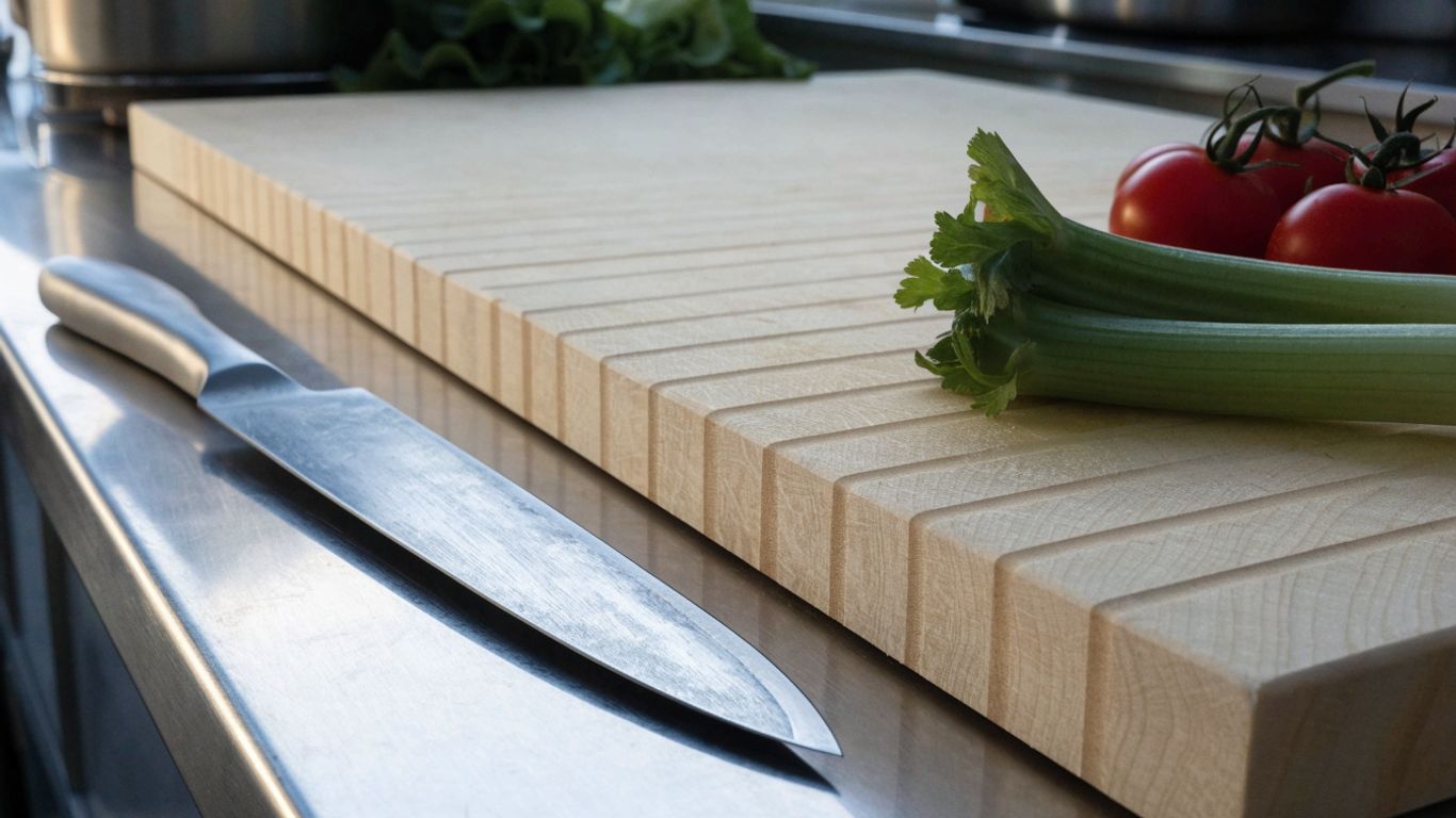 Edge-grain maple board on a compact prep counter