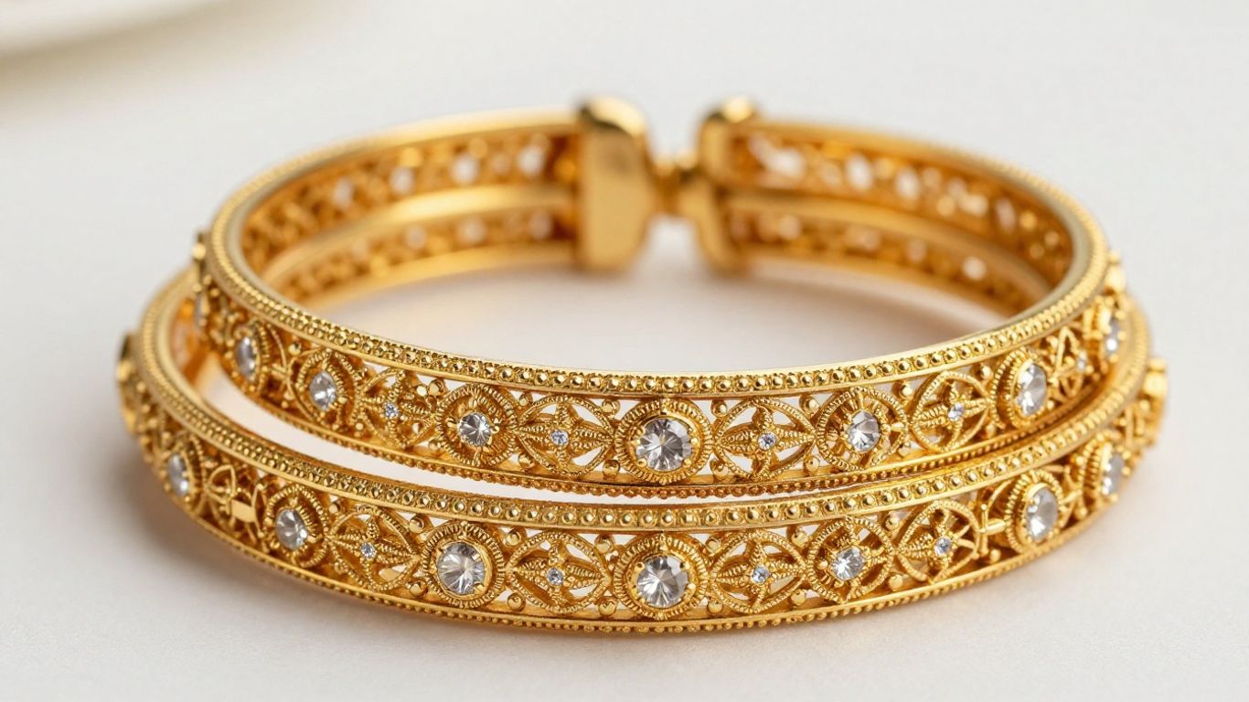 Elegant gold bridal bangles with intricate designs.