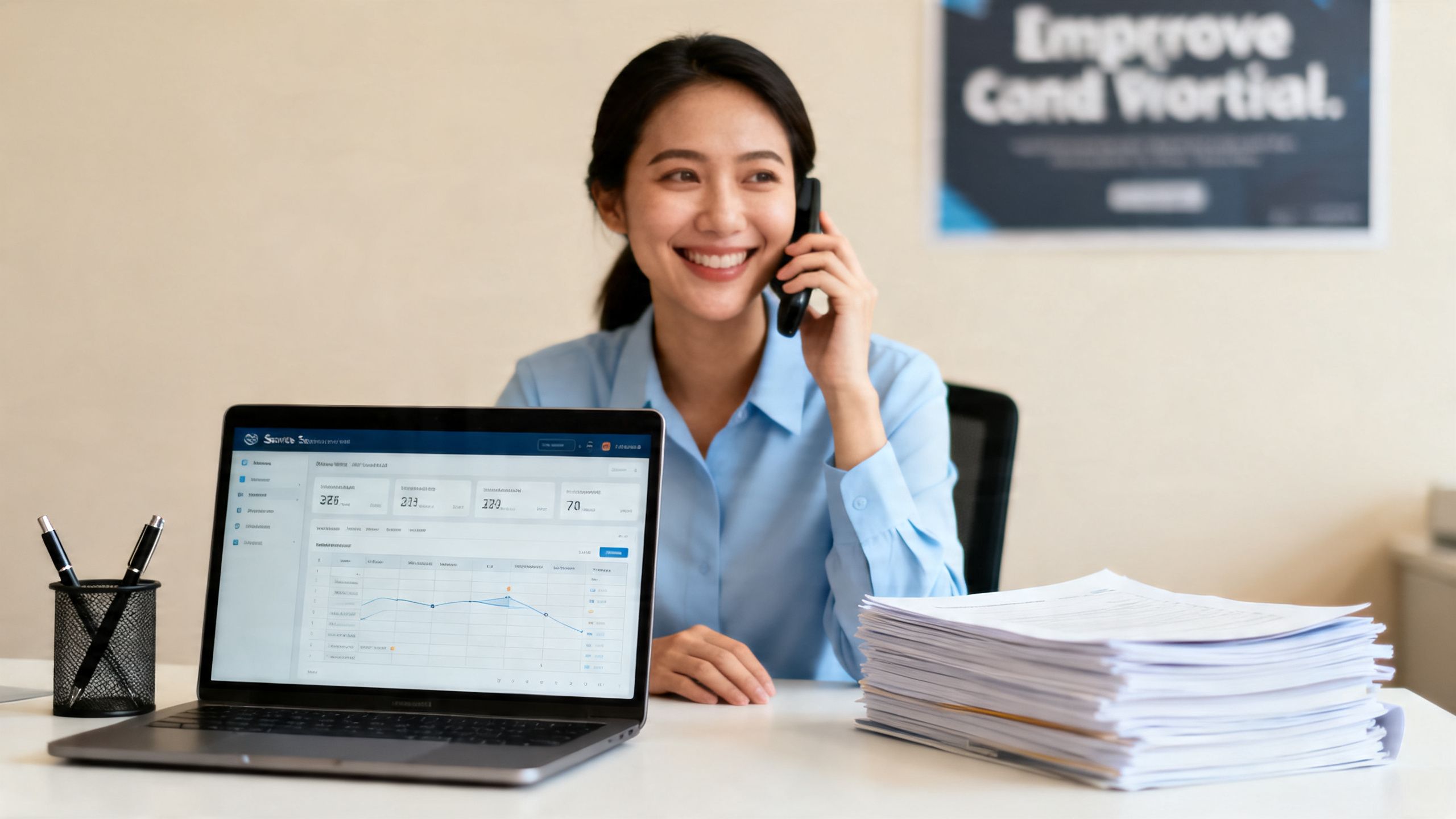 A professional services team member smiling while on a call, with a clean and organized desk, showing improved workflow efficiency.
