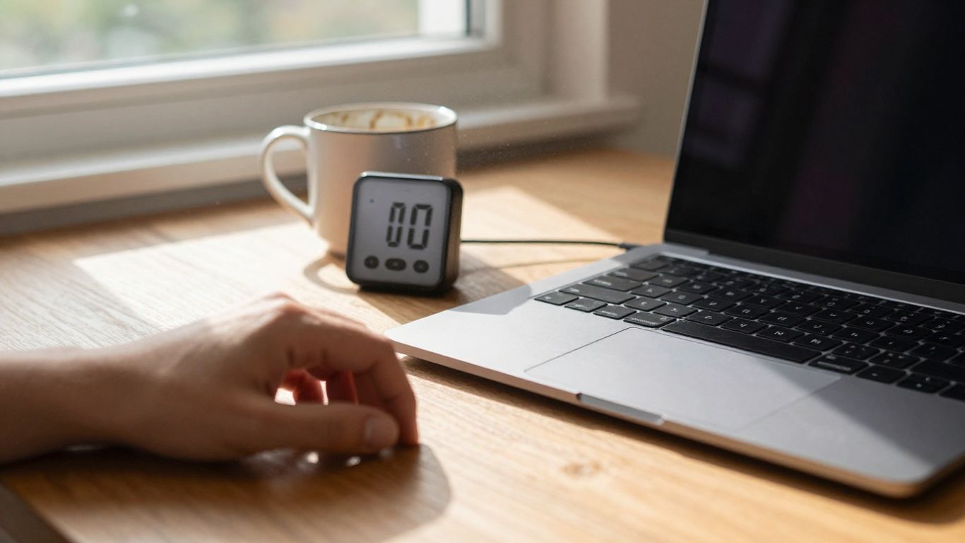 Person taking a break with a timer and coffee.