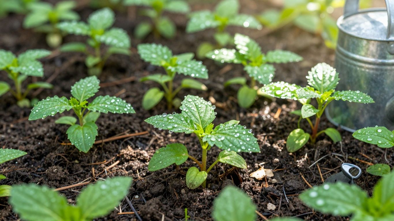 Frühlingsgarten mit jungen Pflanzen und Sonnenlicht