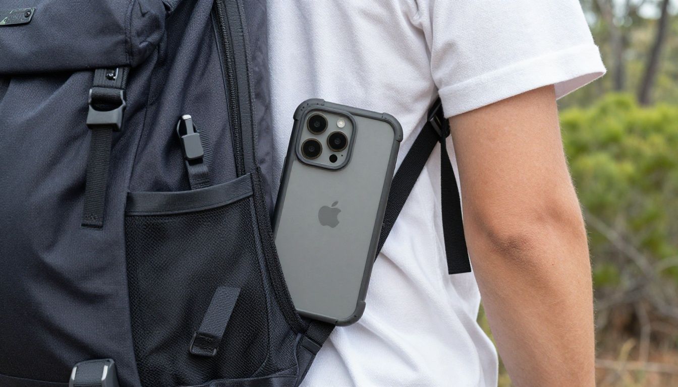 A person hiking on a trail with Australian bushland in the background, pulling an iPhone 17 Pro in a rugged, sealed case from their backpack pocket.