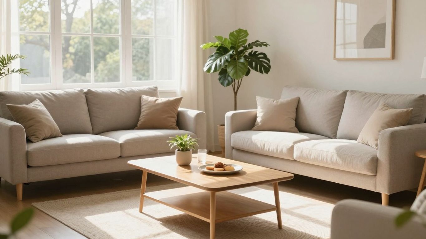 Sala de estar luminosa con sofá cómodo y planta.