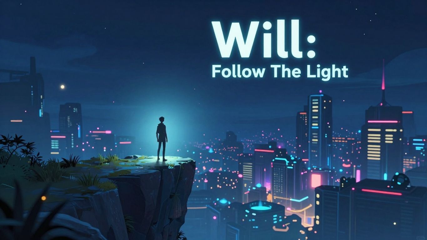 Futuristic cityscape with a lone figure in glowing light.