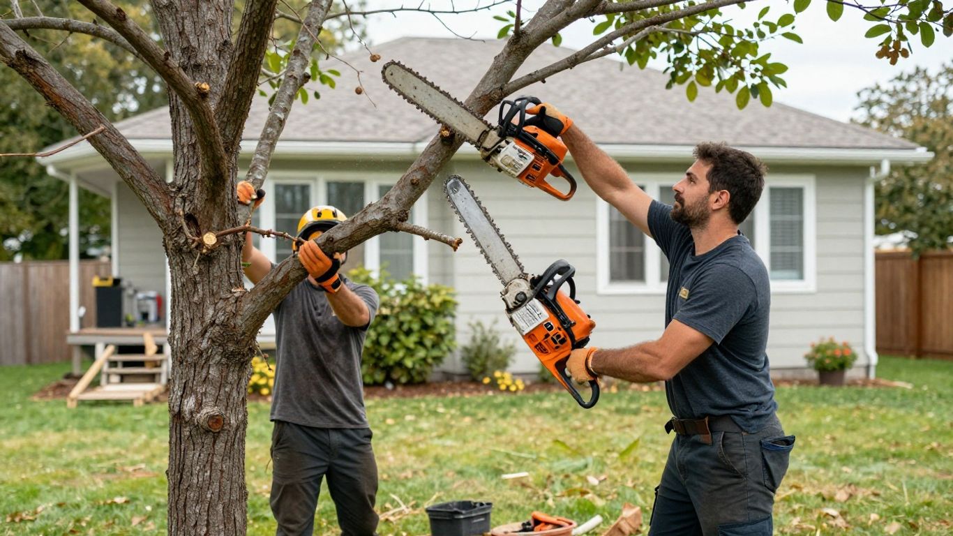 Arborist cutting a tree branch in a backyard.