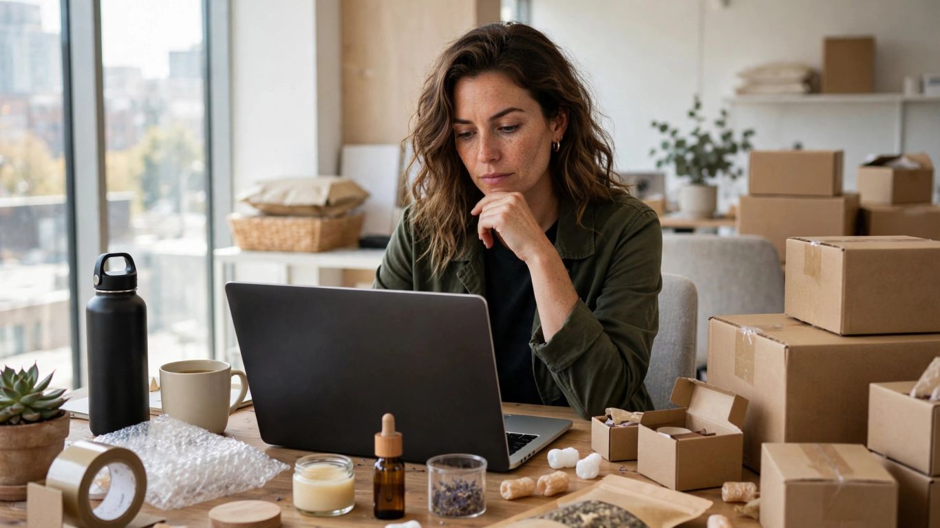 A marketer reviewing campaign results beside product samples