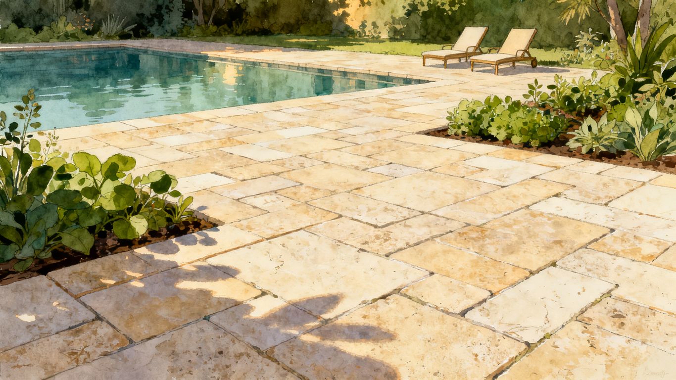 Travertine patio beside a garden and pool