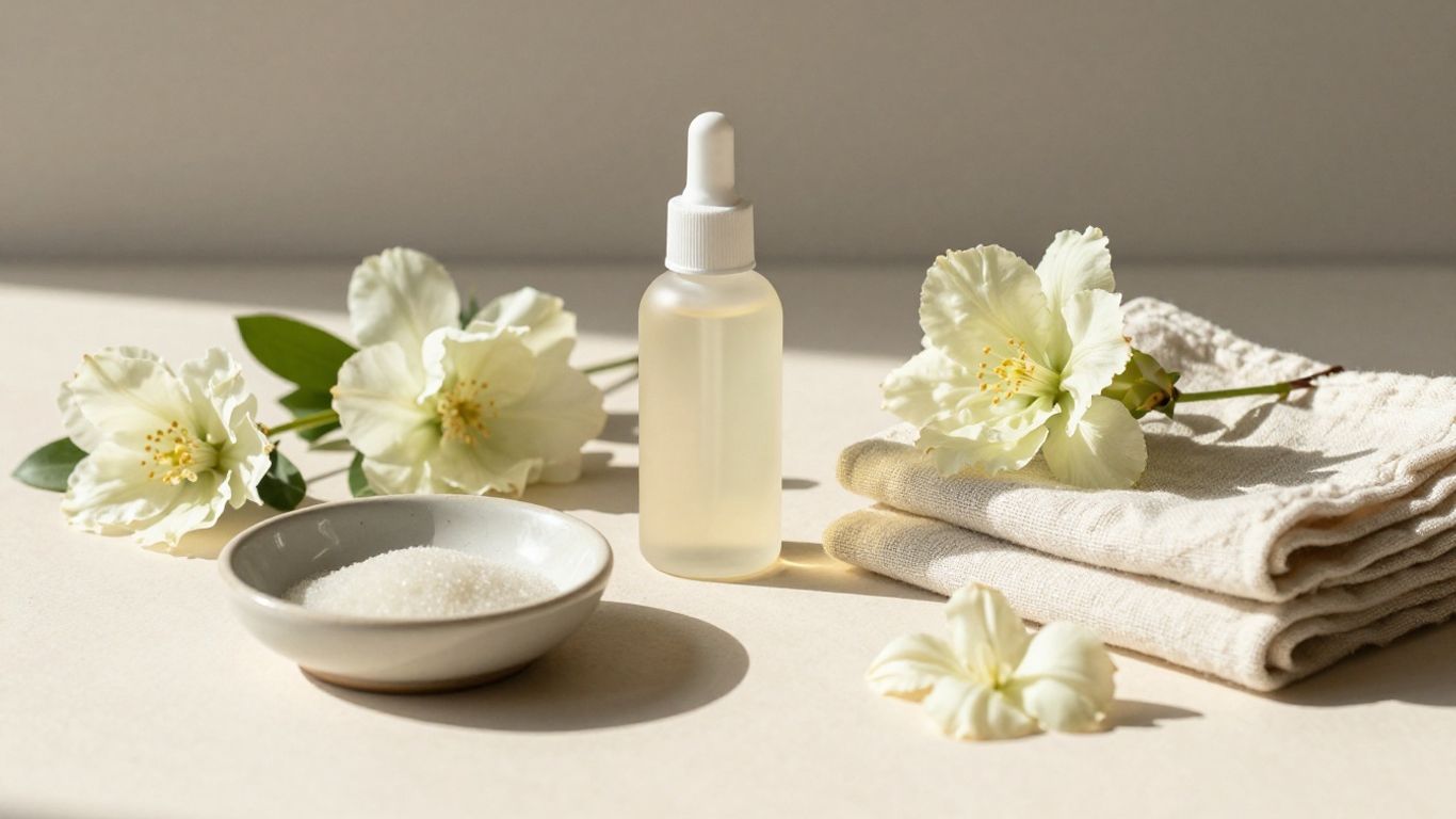 Minimal bedside scene with lubricant and flowers