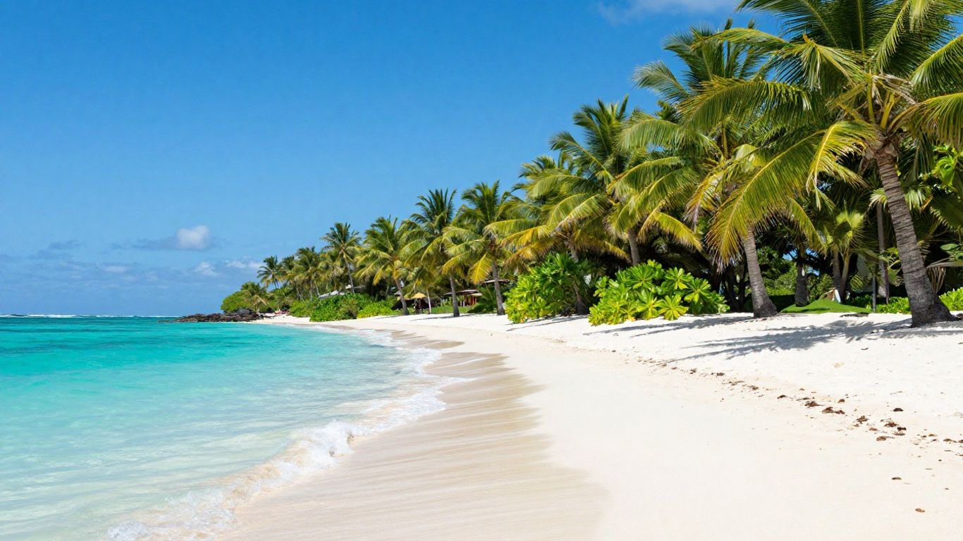 Beautiful Caribbean beach with clear water and palm trees.