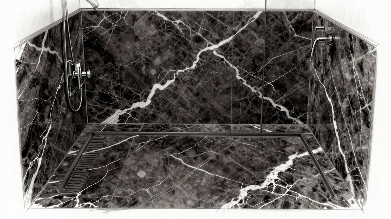 Nero Marquina marble bathroom tile design sketch.