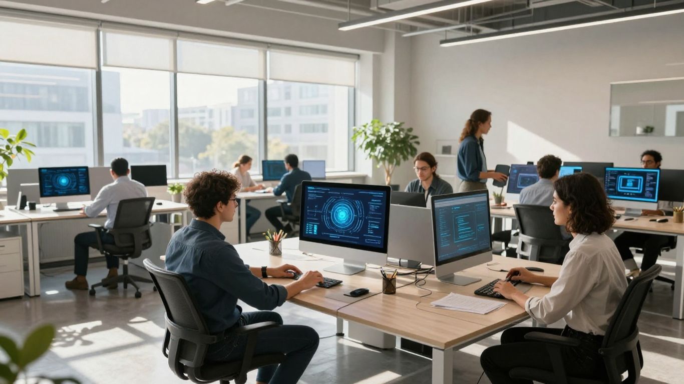 AI automation agency team collaborating in modern office