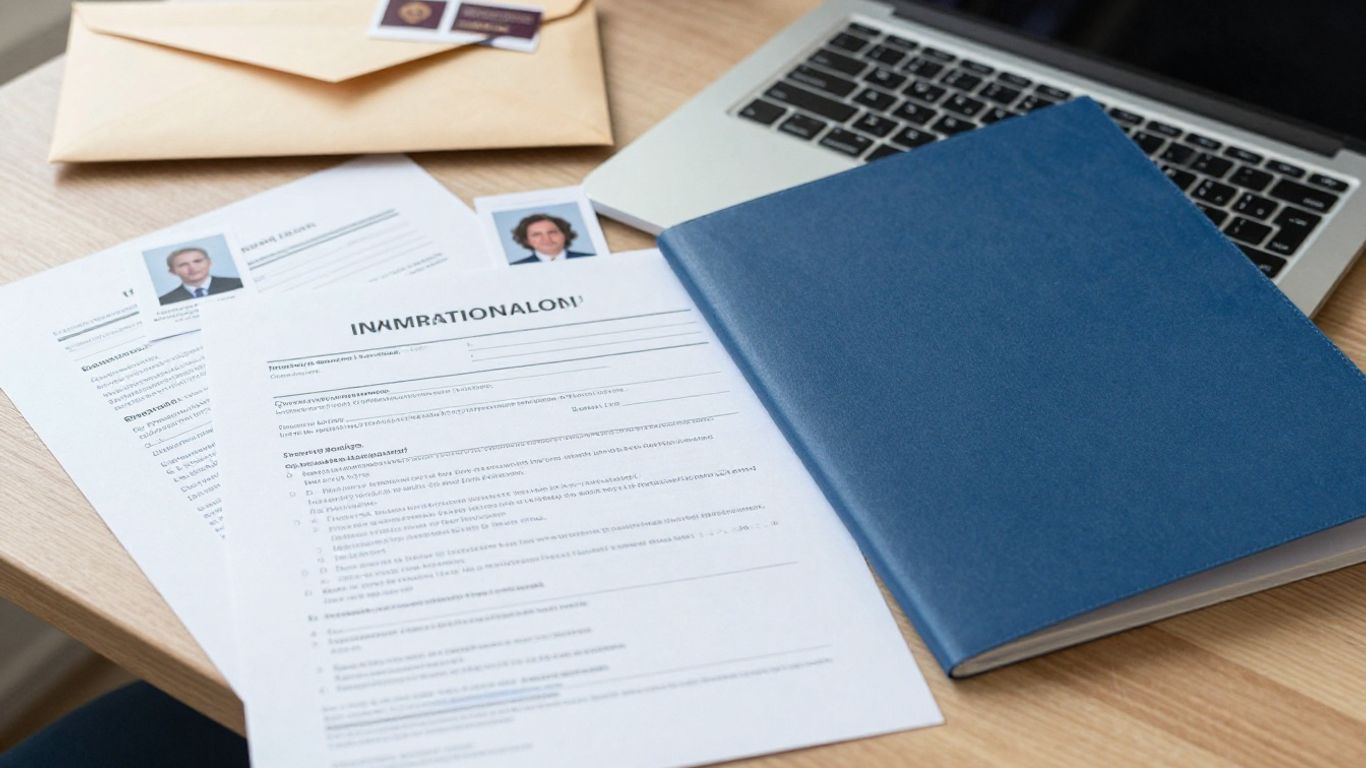 Formulario migratorio y documentos organizados para envío