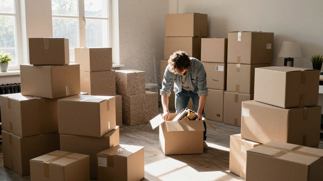 Moving boxes and packing supplies in a sunlit room.